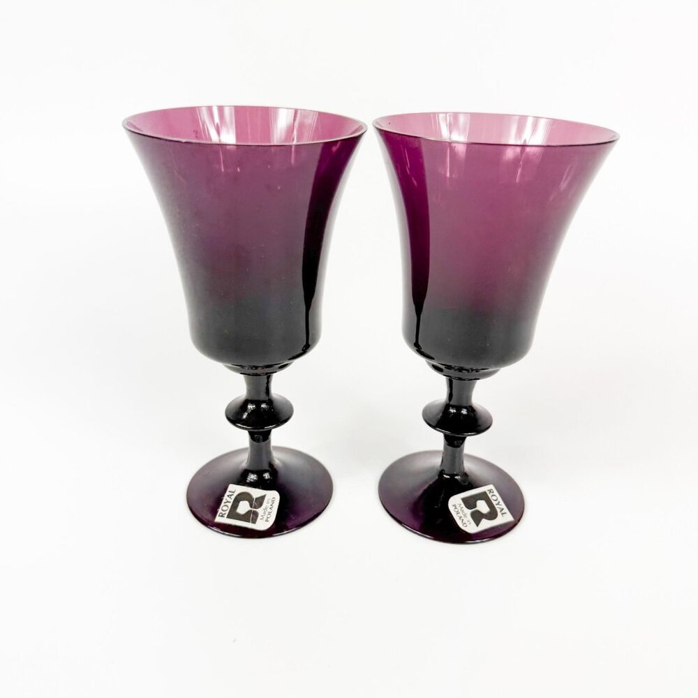 Vintage Royal Crystal Poland Amethyst Purple Wine Glasses Set Of 2